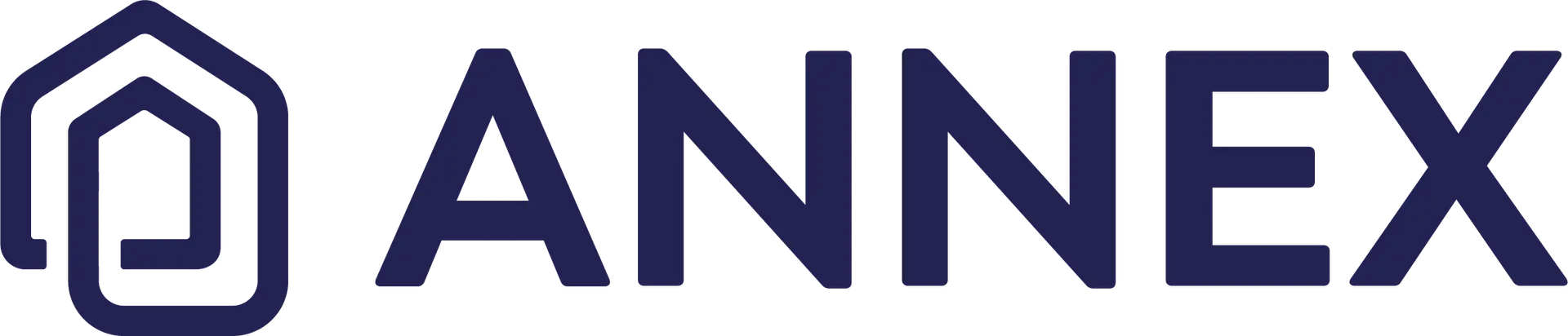 A group of coworkers wearing hats that say Annex, standing in front of large purple flags.